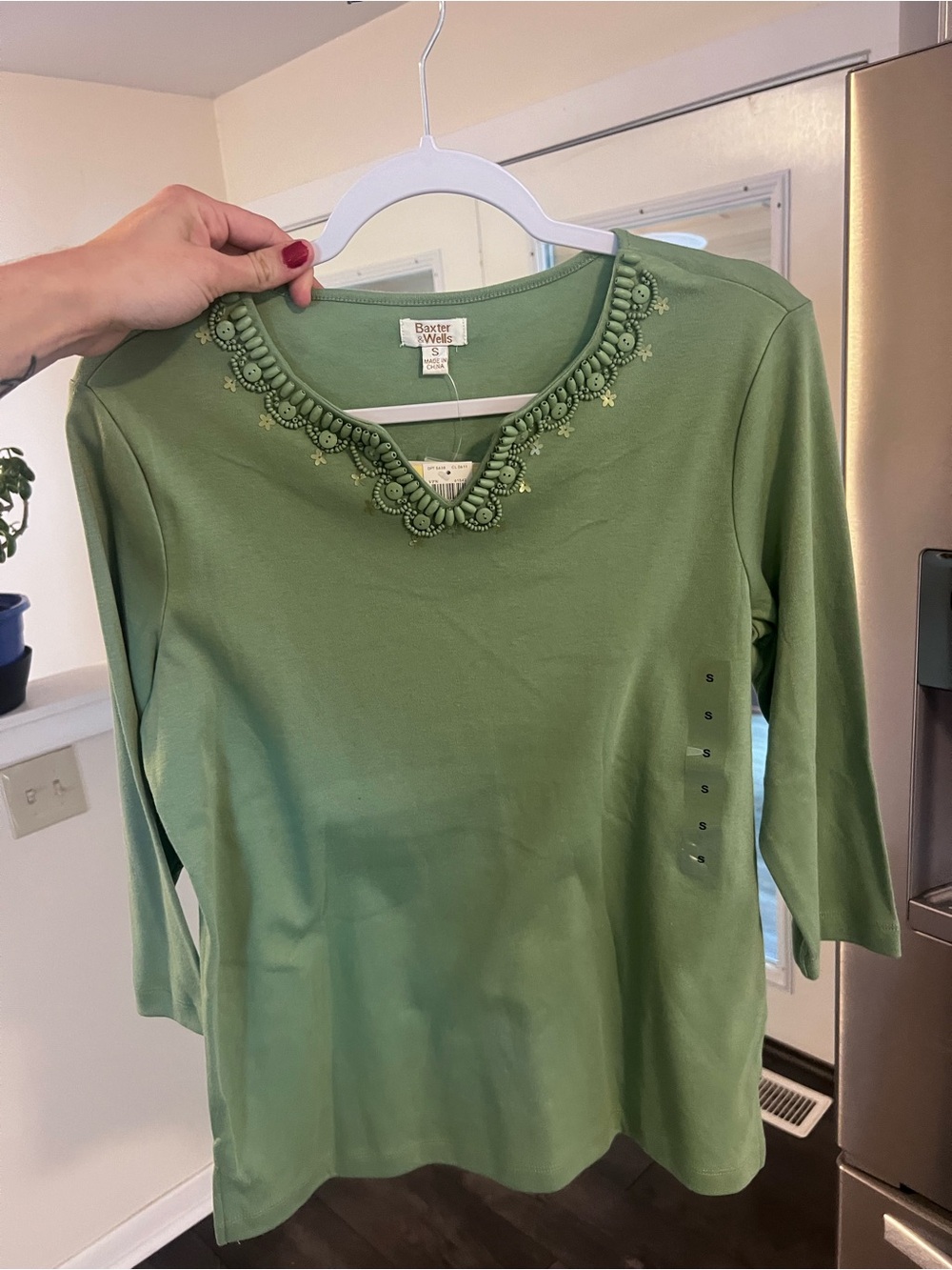 NWT Baxter & Wells Shale Green Beaded Trim 3/4 Sleeve Top Size S